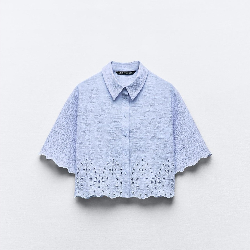 NWT Zara Blue Embroidered Eyelet Cropped Shirt Size M